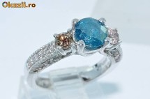 Inel aur alb BRILIANT solitaire albastru 1CT + DIAMANTE roz/albe foto