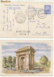 RFL 1958 ROMANIA Centenar Cap de Bour ilustrata speciala Arc de Triumf Bucuresti circulata cu postalionul foto