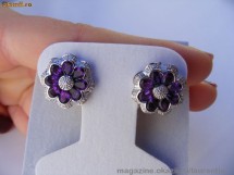 Cercei aur alb 10K, 5.2g, model floral ornati cu 3carate AMETISTE si BRILIANTE !! foto