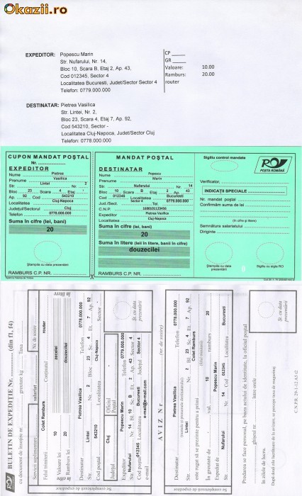 Colet Postal, buletin de expeditie si mandat postal Posta Romana foto mare