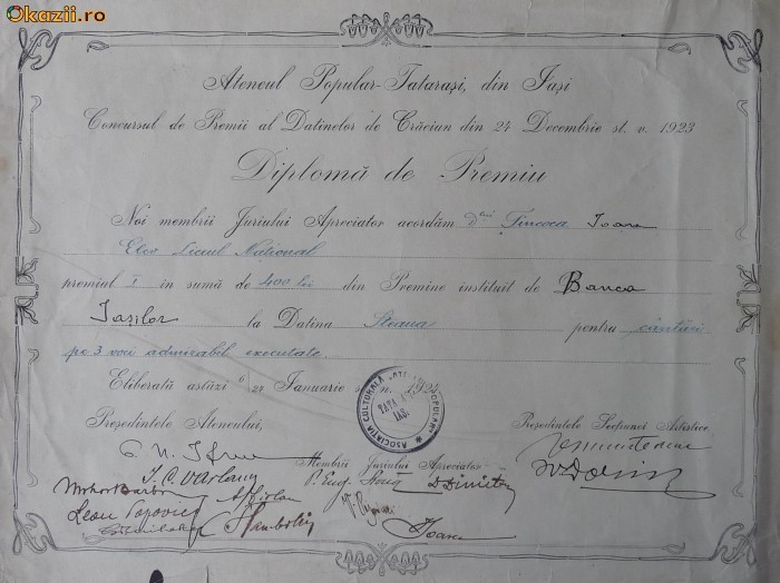Ateneul Popular Tatarasi, Iasi ,Premiul I,Liceul National,1924 foto mare