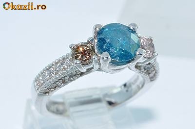 Inel aur alb BRILIANT solitaire albastru 1CT + DIAMANTE roz/albe foto mare