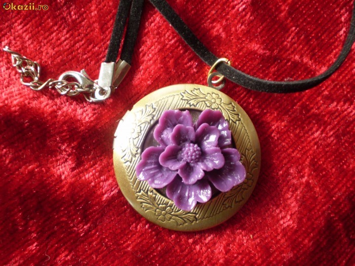 minunat MEDALION rotund port foto bronz - floare violeta R6 foto mare