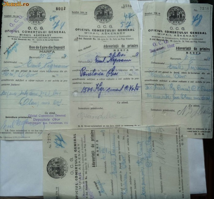 Oficiul comertului general , Askenasy , 1929 , 7 bonuri si adeverinte foto mare