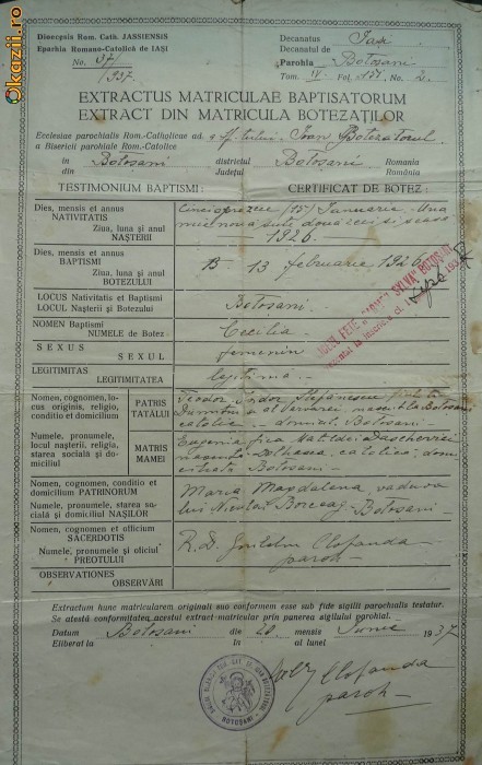 Extract din matricula botezatilor , catolici , Botosani , 1937 foto mare