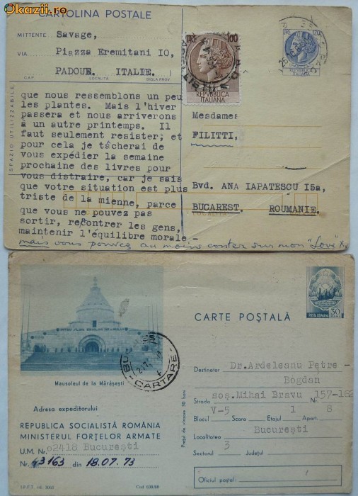2 Cp , Padova - Bucuresti , catre Filitti , a doua referitoare la ordinul Crucea Regina Maria foto mare