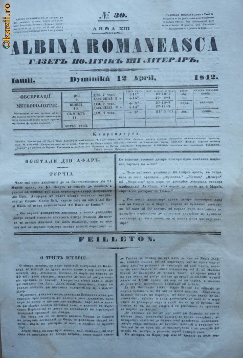 Albina romaneasca , gazeta politica si literara , nr. 30 , 1842 , Iasi foto mare