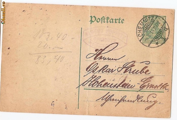 1914 GERMANIA CARTE POSTALA CIRCULATA stampila CHEMNITZ foto mare