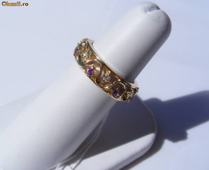 Inel spectaculos aur 14K, 5.1g, model ETERNITY ornat cu 8 BRILIANTE si 8 AMETISTE foto mare