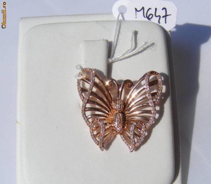 EXTRAORDINAR Pandant fluture aur roz 14K, 6.1g, ornat cu 95 DIAMANTE !!! foto mare