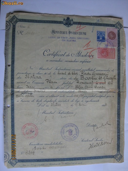 CERTIFICAT DE ABSOLVIRE DIN 1933 foto mare