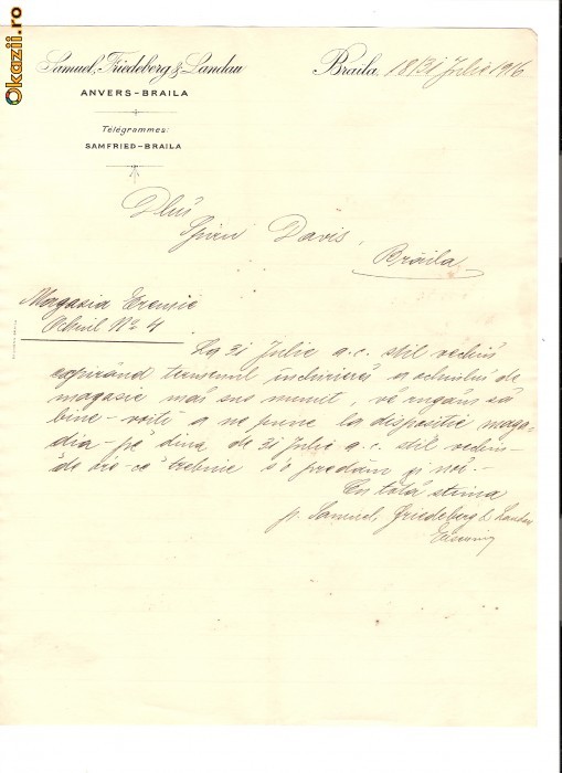 182 Document vechi -18/31iulie1916,Braila -Samuel Friedeberg&Landau, Anvers-Braila, catre Spiru Davis(grec?)-filigran foto mare