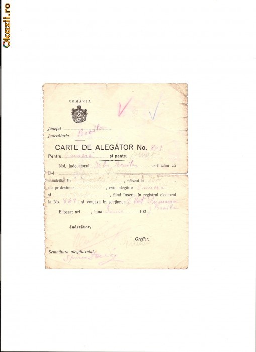 164 Document vechi -1928 -Carte de alegator pentru camera si senat -pentru Spiru Davis(grec?) Braila foto mare