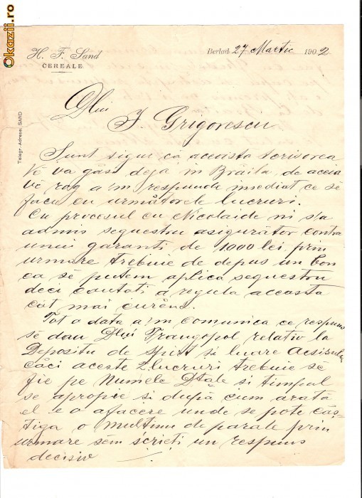 183 Document vechi -27martie1902,Berlad(Barlad)-H.F.Sand -Cereale, catre Grigorescu, Braila -filigran ,,Original Susan Mill+o coroana foto mare