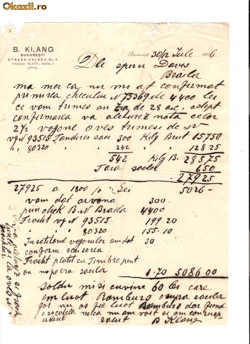 180 Document vechi -1916 - B.Klang, Bucuresti, str. Hasdau No.2, catre Spiru Davis(grec?), Braila, cumparare cereale, plata Banca Nationala, Braila foto mare