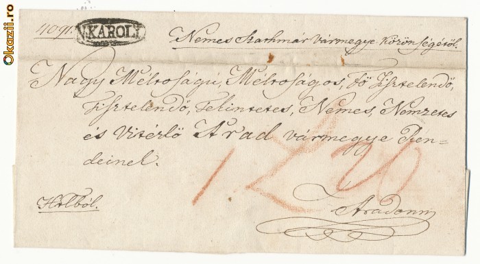 RFL ROMANIA TRANSILVANIA 1835 plic prefilatelic cu stampila din Carei - N. KAROLY foto mare