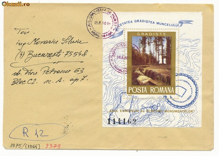 RFL ROMANIA 1975 Colita Anul Ocrotirii Monumentelor circulata pe plic de la Gradistea Muncelului foto mare