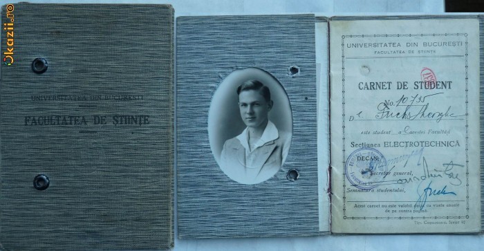 Universitatea din Bucuresti , Facultatea de Stiinte , Sectiunea Electrotehnica , carnet de student  , 1935 foto mare