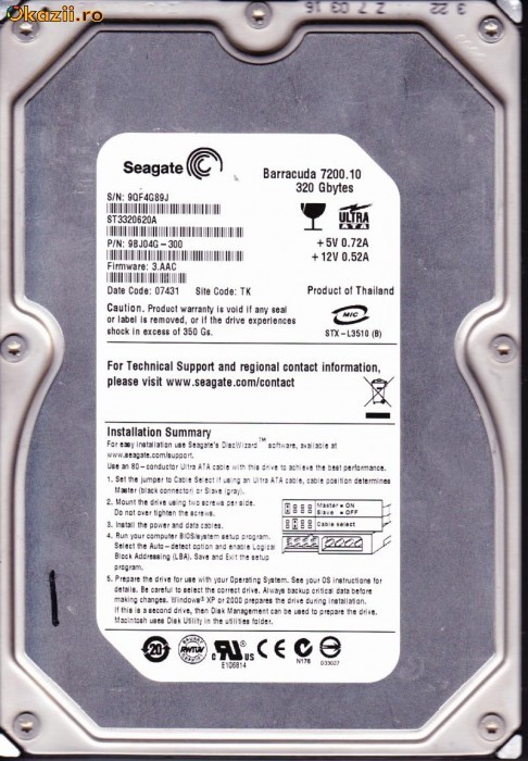 Hard disk HDD 320GB Seagate Barracuda 7200.10 - IDE - ATA100 - impecabil - 200 lei foto mare
