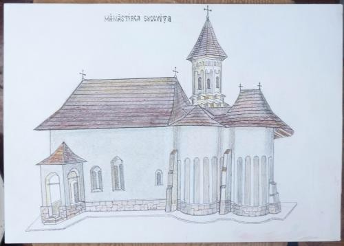 Manastirea Sucevita , desen de Lelcu , pictor de biserici , semnat foto mare