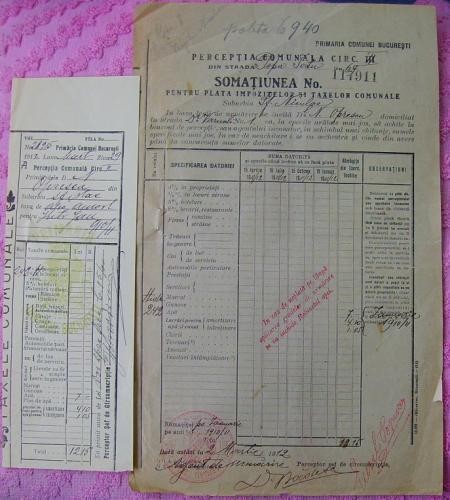 Perceptia comunala Bucuresti , Somatie de plata + chitanta ,1912 foto mare