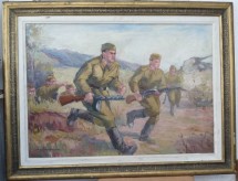 Infanteristi la atac , ulei / carton , semnat Aug. Spirodonescu , vechi foto
